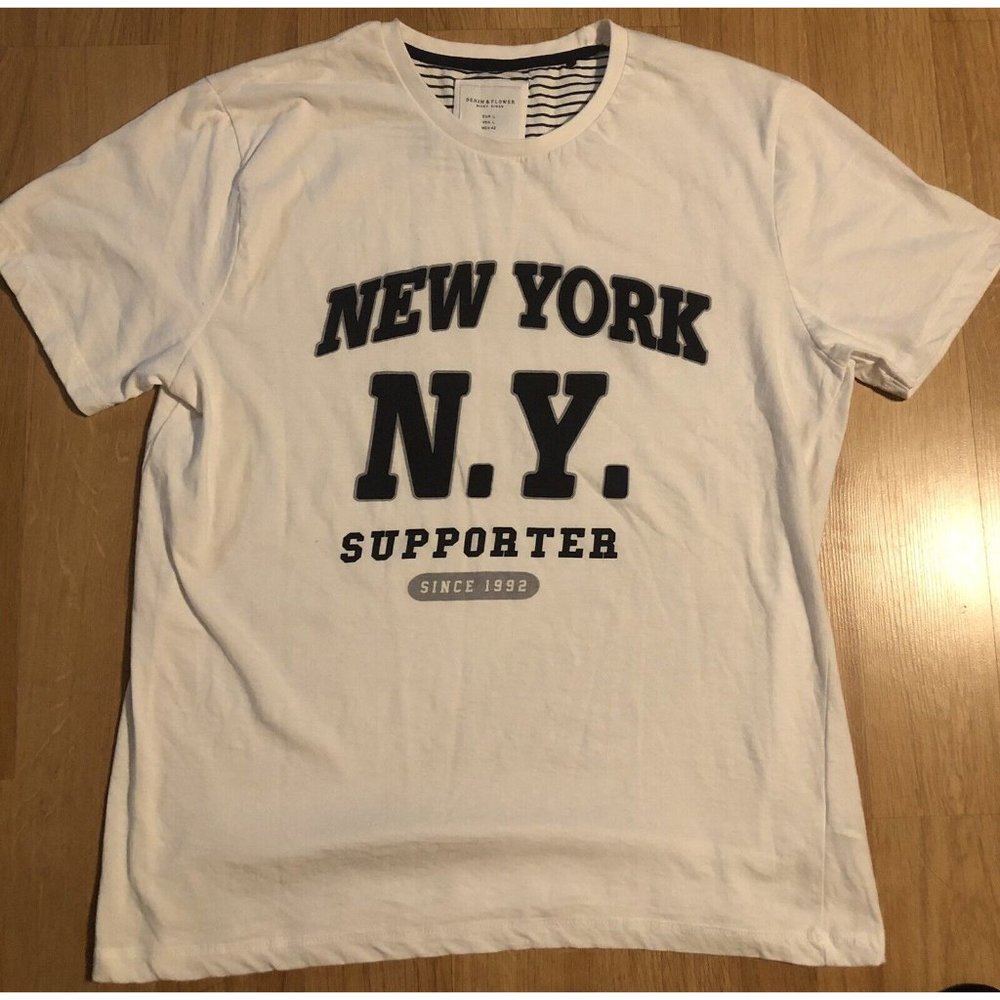 Denim & Flower Mens T-Shirt By Ricky Singh Size Large White New York Print